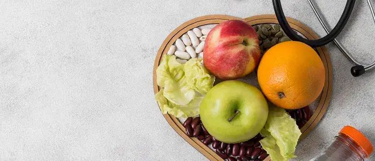 Healthy food items including fruits and medical equipment